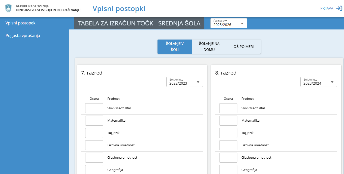 Posnetek zaslona spletne strani za izračun točk